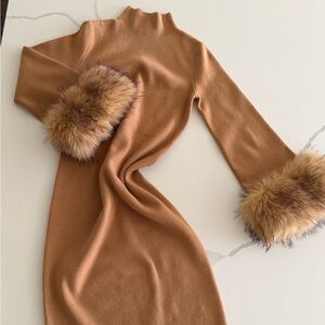 Tyler Boe Camel Knit Midi Dress with Faux-Fur Cuffs